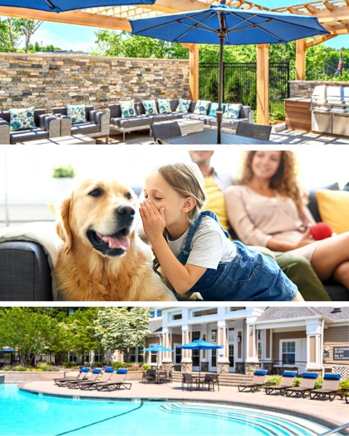 Outdoor seating area under umbrellas, swimming pool, and family with their golden retriever dog