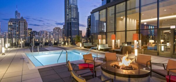 Rooftop fireplace at State & Chestnut, a Compass Furnished Apartments property