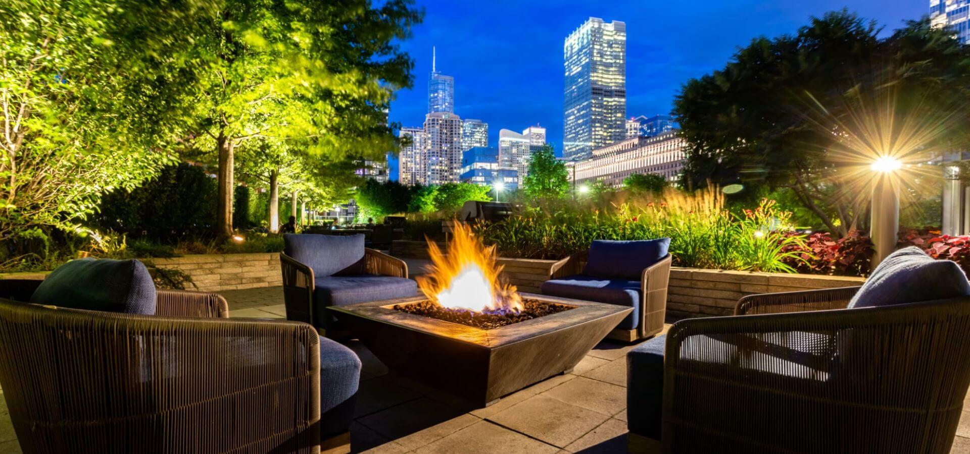 Rooftop fireplace at Hubbard Place, a Compass Furnished Apartments property