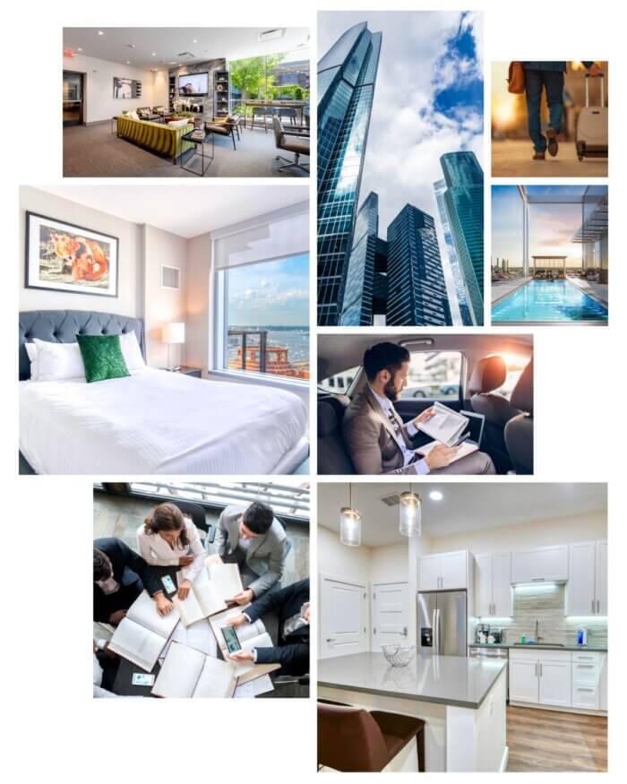 Collage showing modern corporate housing features by Compass Furnished Apartments