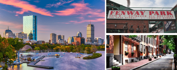A collage featuring the Boston skyline with sailboats on the Charles River, Fenway Park entrance sign, and a brick-lined residential street in a walkable Boston neighborhood.