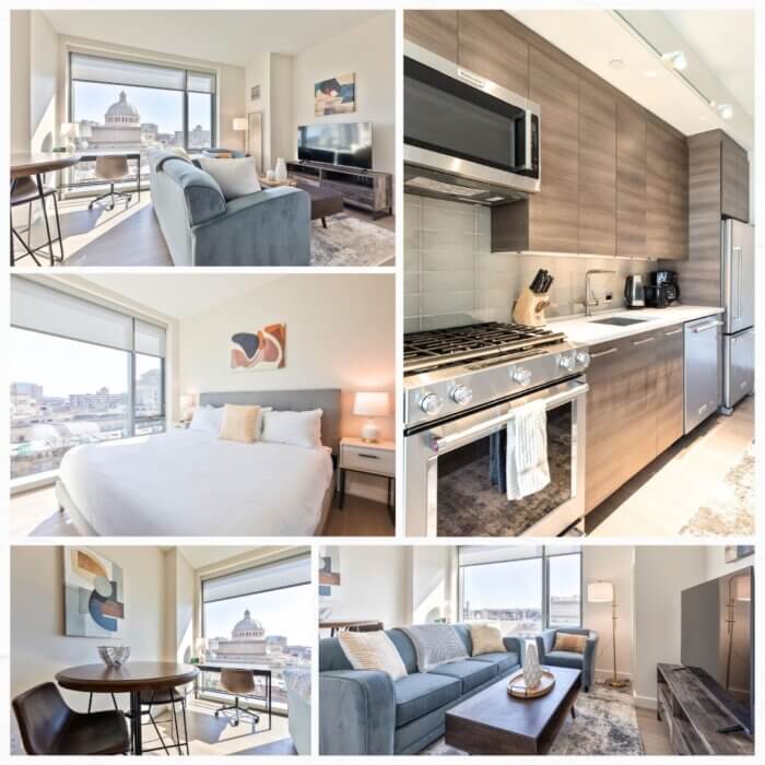 A collage of upscale corporate housing interiors by Compass Furnished Apartments