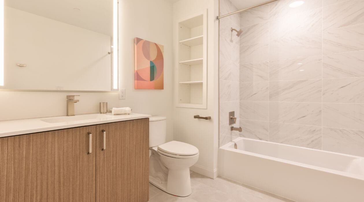 Bright, modern bathroom in a Compass Furnished Apartment at Idyl Fenway