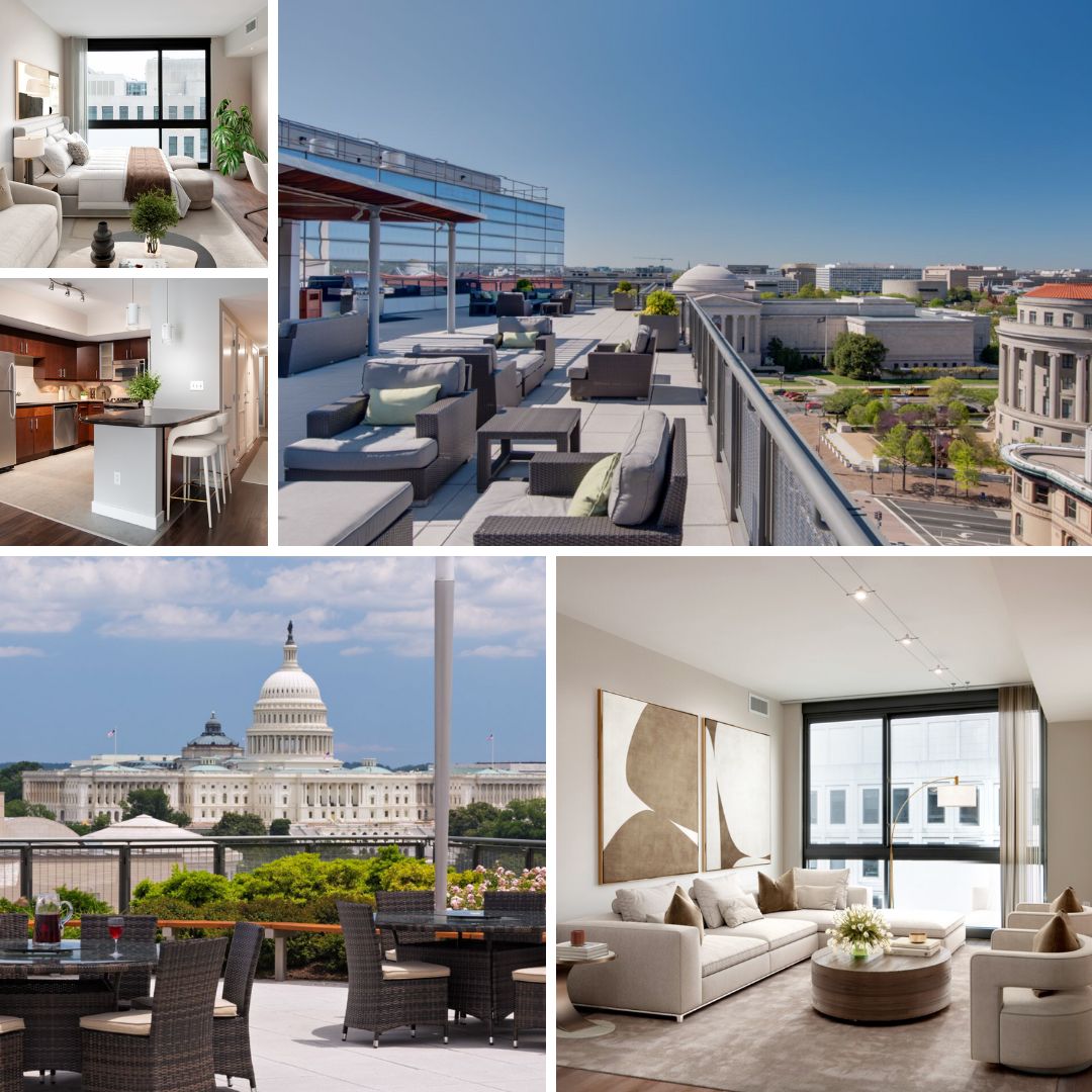 Collage of interiors and rooftop views at 565 Penn Residence by Compass Furnished Apartments