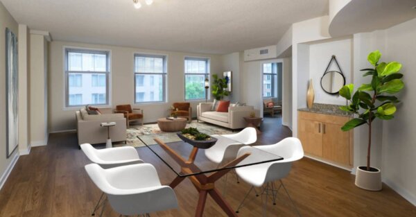 Contemporary living and dining room at 2400 M by Compass Furnished Apartments
