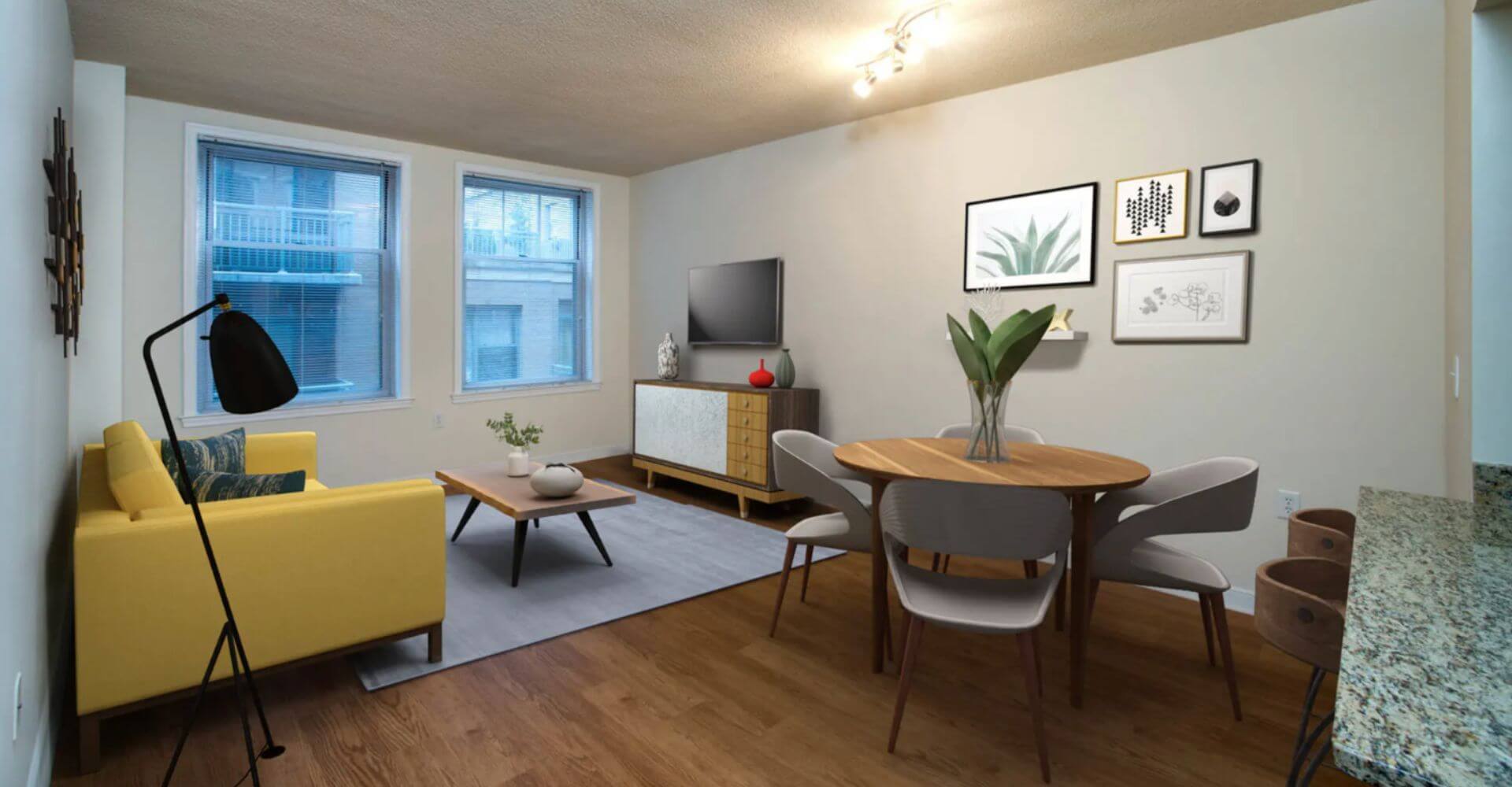 Cozy living and dining space at 2400 M by Compass Furnished Apartments