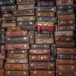 A large stacked wall of vintage suitcases in various colors and styles, symbolizing travel and packing.