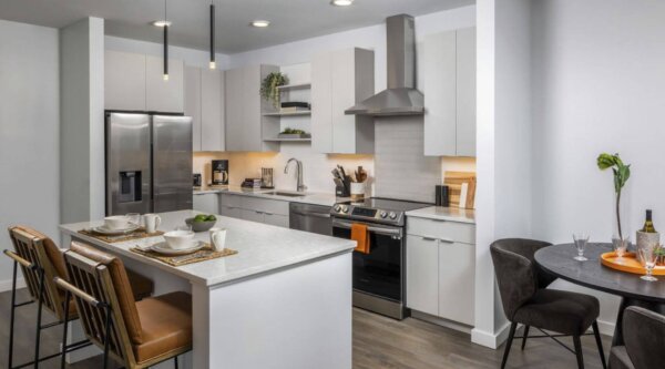 Modern kitchen at The 305 – Compass Furnished Apartments.