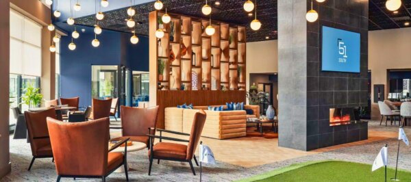 Stylish resident lounge at 51 South by Compass Furnished Apartments