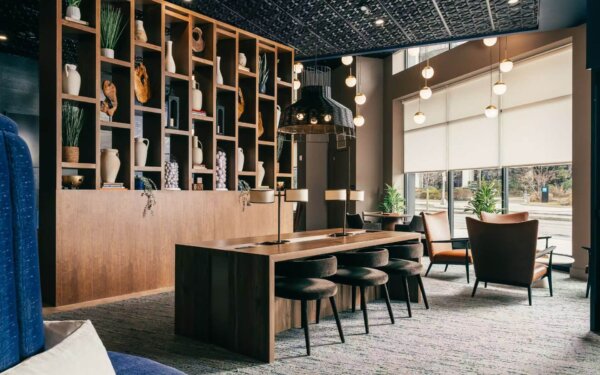 Modern co-working lounge at 51 South by Compass Furnished Apartments