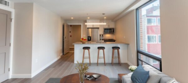Bright and modern furnished apartment with large window, open kitchen, and bar seating at 244 Hanover.