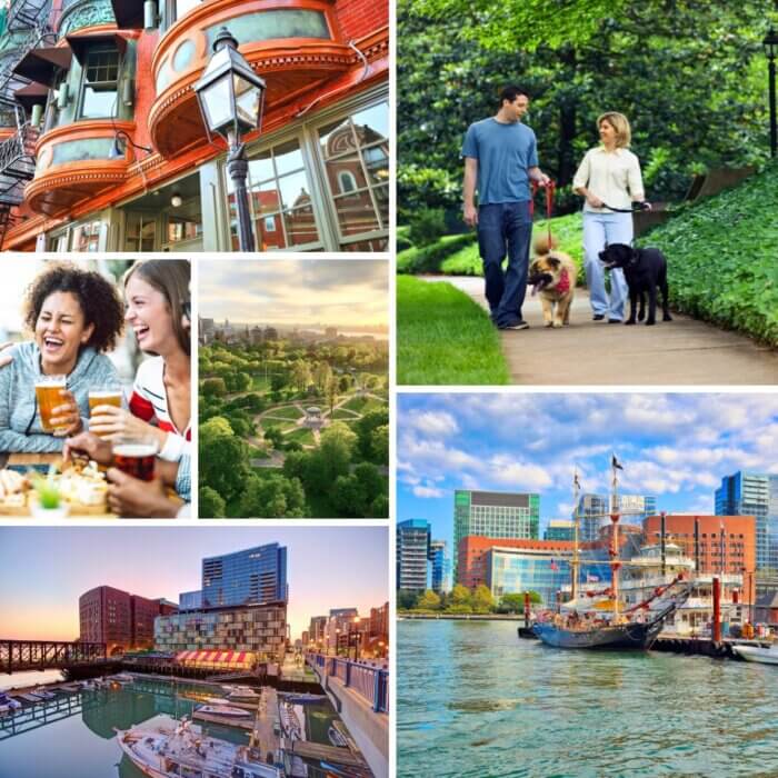 Collage of Boston lifestyle near 244 Hanover, including historic architecture, waterfront, Boston Common, outdoor dining, and dog walking.