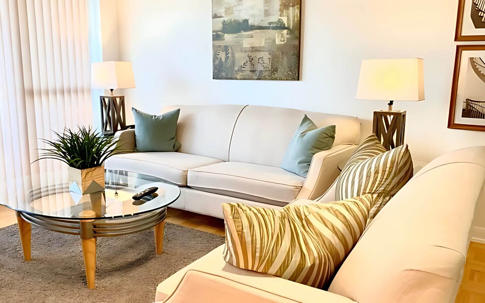 Elegant living room at MAC Garden by Compass Furnished Apartments, showcasing twin cream sofas with striped and teal pillows, glass coffee table, and soft natural lighting.