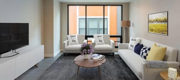 Stylish living room at 244 Hanover with modern furniture, large windows, and a flat-screen TV.