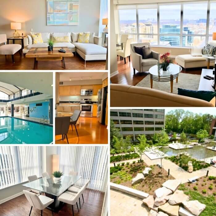 Collage of interiors and amenities at MAC Garden by Compass Furnished Apartments, featuring modern living and dining spaces, a gourmet kitchen, an indoor pool, and landscaped outdoor gardens with seating areas.