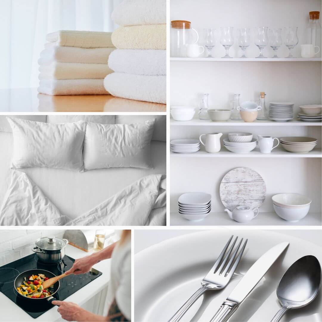 Collage of furnished apartment essentials including towels, glassware, dishware, bedding, cookware, and cutlery.