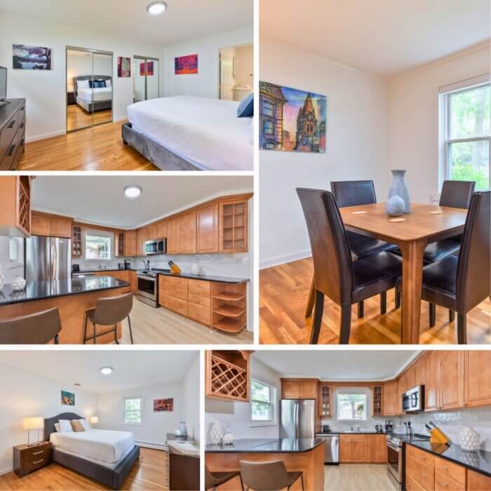 Interior views of 235 Cardinal Medeiros furnished apartment by Compass, featuring hardwood floors, modern kitchen with stainless steel appliances, and cozy bedrooms with natural light.