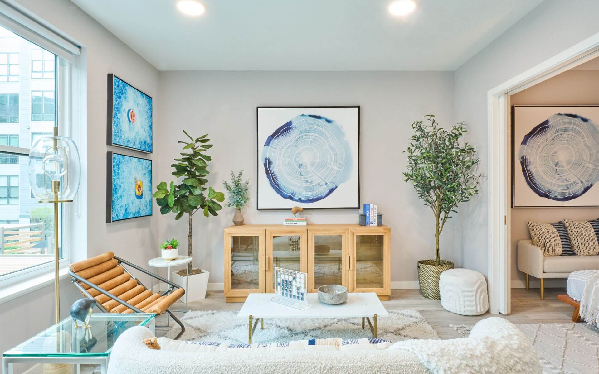 Stylish living room at The Pennant at North Crossing by Compass Furnished Apartments