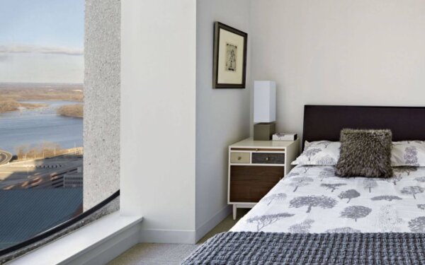 Modern bedroom at 777 Main by Compass Furnished Apartments