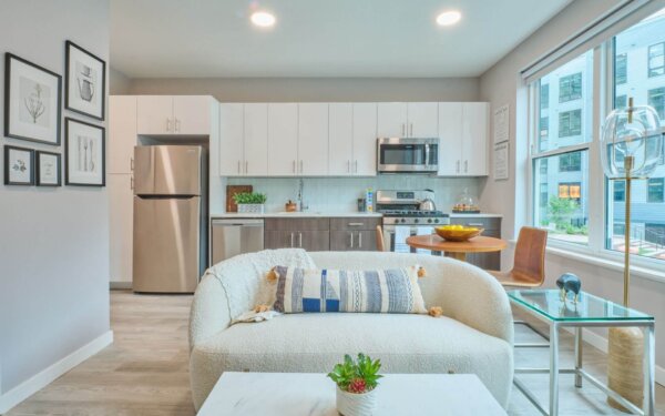 Contemporary apartment interior at The Pennant at North Crossing by Compass Furnished Apartments