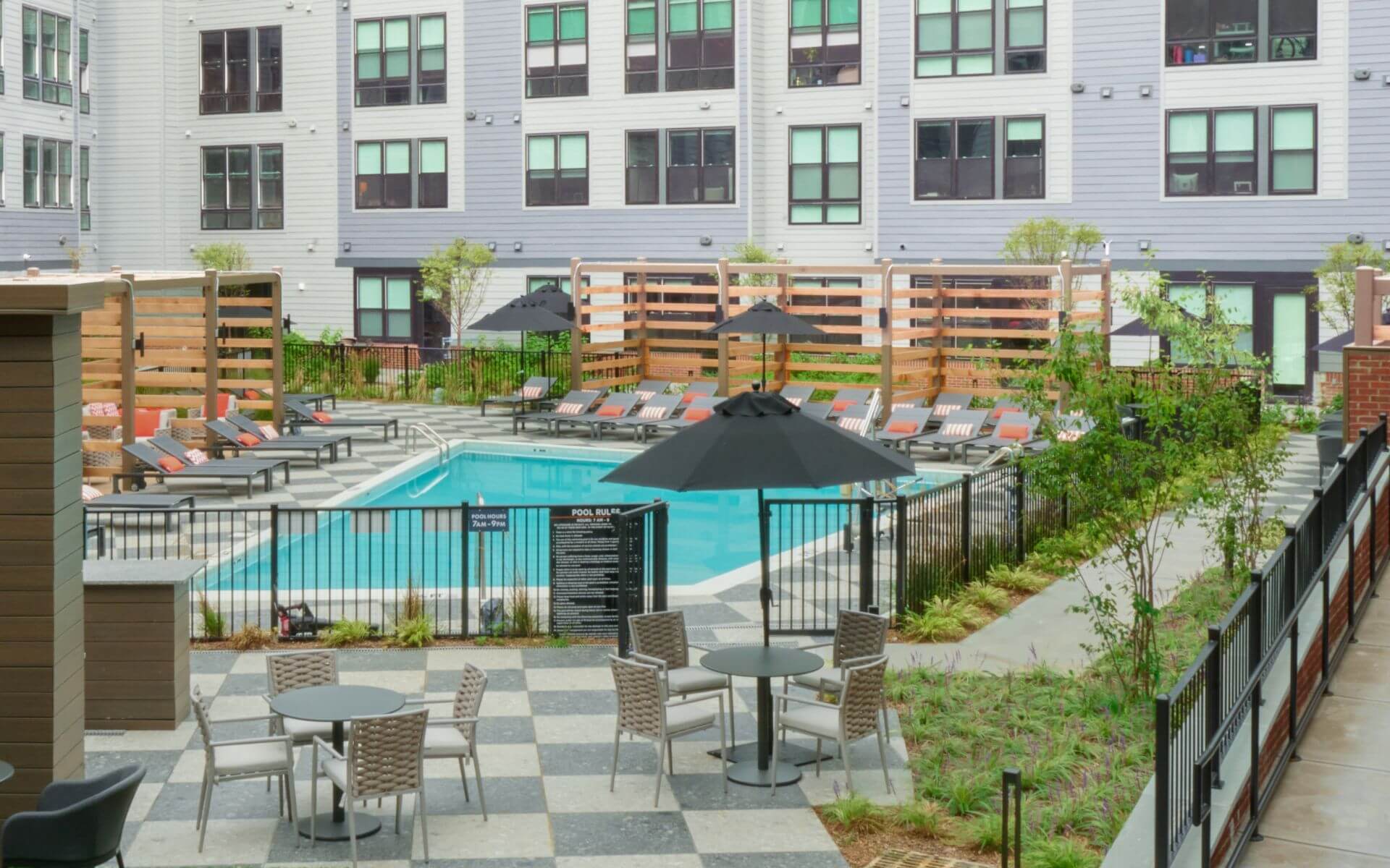 Courtyard pool area at The Pennant at North Crossing by Compass Furnished Apartments