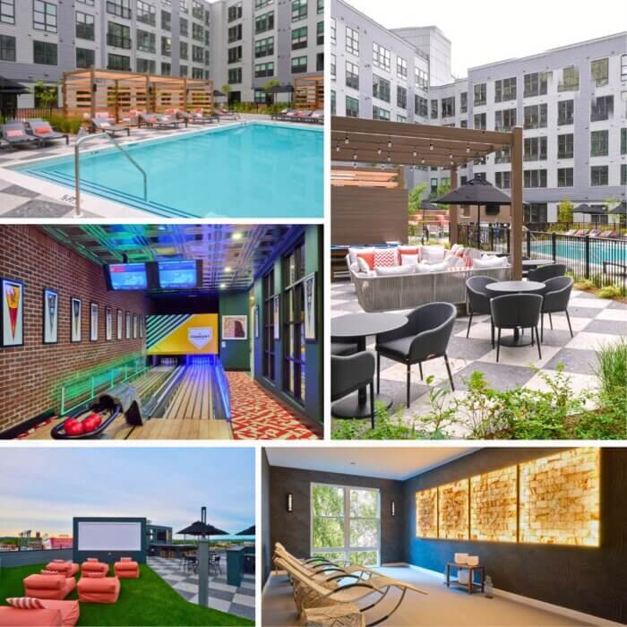 Collage of standout amenities at The Pennant at North Crossing by Compass Furnished Apartments