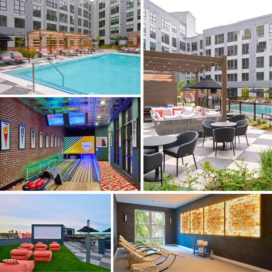 Collage of standout amenities at The Pennant at North Crossing by Compass Furnished Apartments