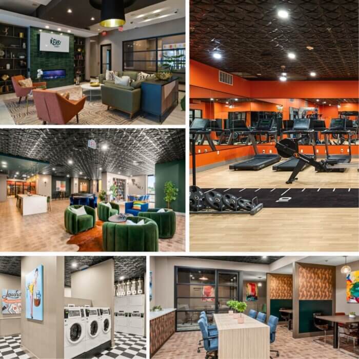 Collage of amenity spaces at The Revel by Compass Furnished Apartments